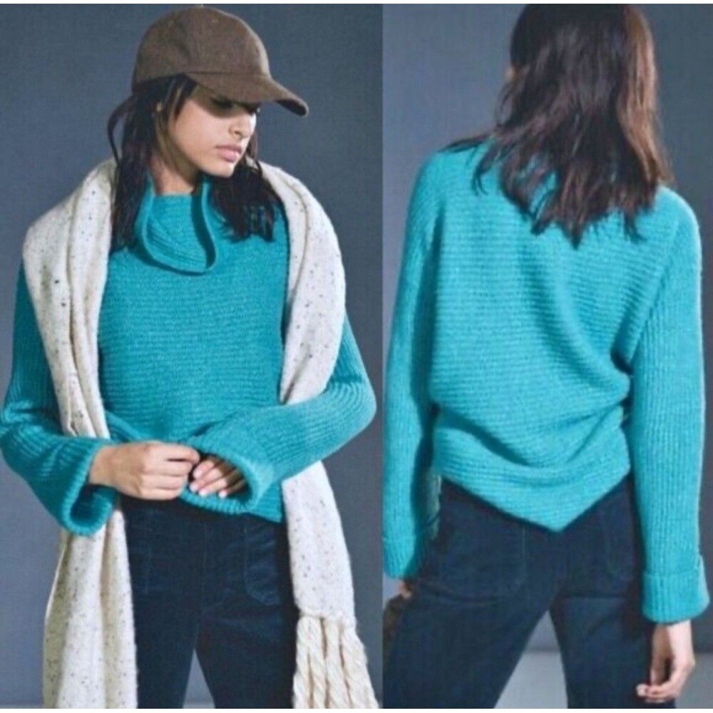 Anthropologie Pilcro Cozy Cowl-Neck Sweater Womens XS Aqua Teal Oversized Ribbed